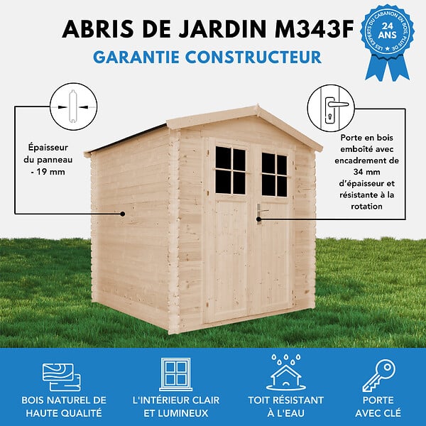 TIMBELA - Abri de jardin en bois - porte verrouillable de haute qualité - I216xL206xH218 cm/3.53 m2 - M343F - large