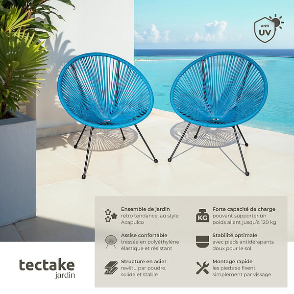 TECTAKE - Lot de 2 chaises de jardin Santana bleu - large