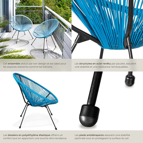 TECTAKE - Lot de 2 chaises de jardin Santana bleu - large