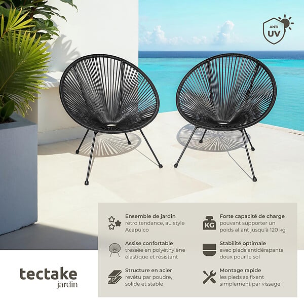 TECTAKE - Lot de 2 chaises de jardin Santana noir - large