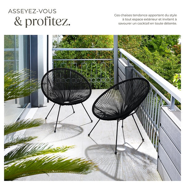 TECTAKE - Lot de 2 chaises de jardin Santana noir - large
