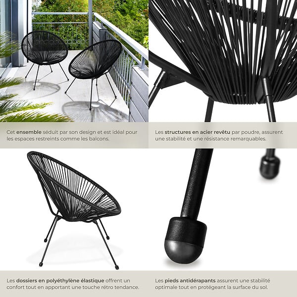 TECTAKE - Lot de 2 chaises de jardin Santana noir - large