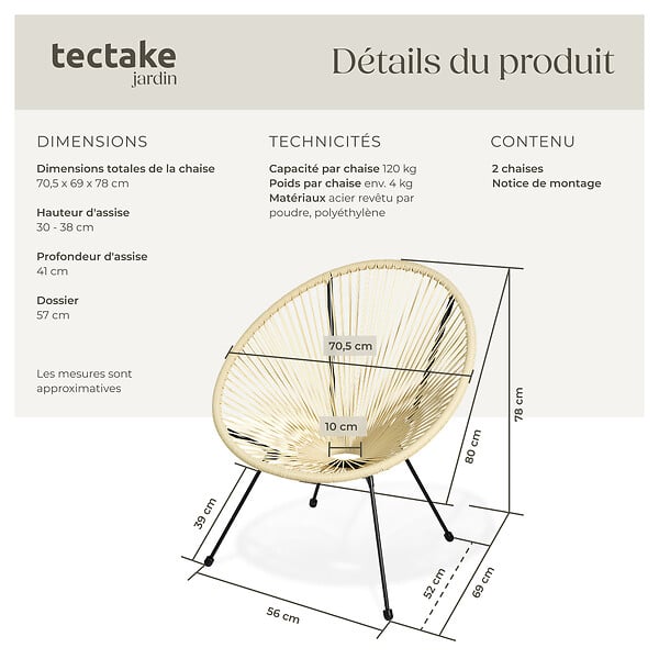 TECTAKE - Lot de 2 chaises de jardin Santana beige - large