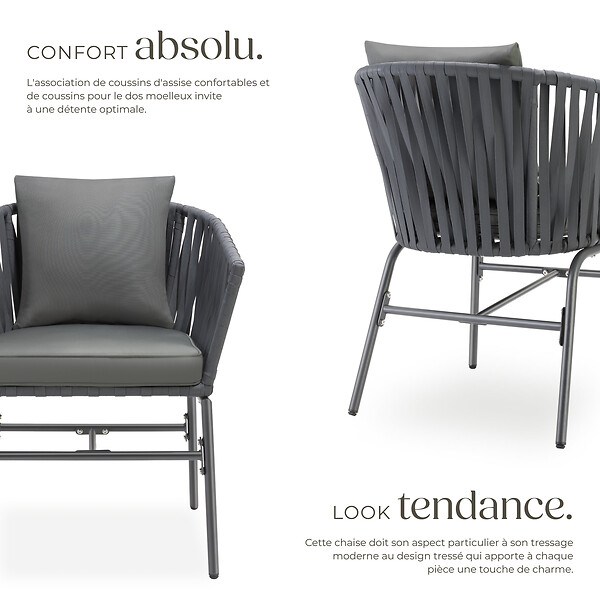TECTAKE - Lot de 6 chaises au design corde tressée épaisseur des coussins d'assise 7 cm gris - large