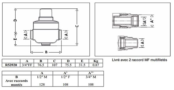 THERMADOR - Réducteur 539 DN 20 NF ACS avec raccords multi filetés - Diamètre : M3/4'' - F1/2'' - large