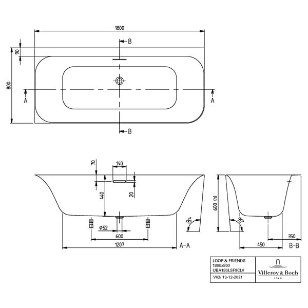 VILLEROY ET BOCH - Villeroy & Boch Loop & Friends Baignoire murale pour installation en angle à gauche SQUARE 1800 x 800 mm Blanc - large