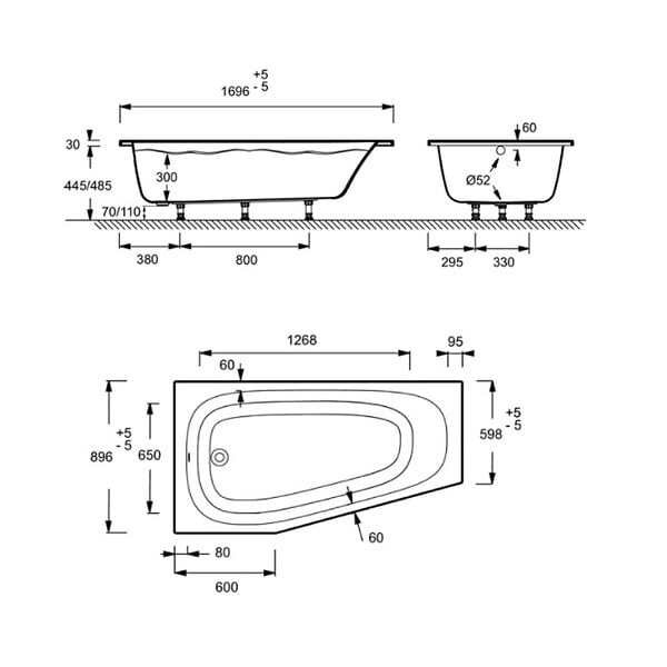 JACOB DELAFON - Pack baignoire bain douche 170 x 90 Bastille vidage à gauche blanc brillant + tablier en angle - large