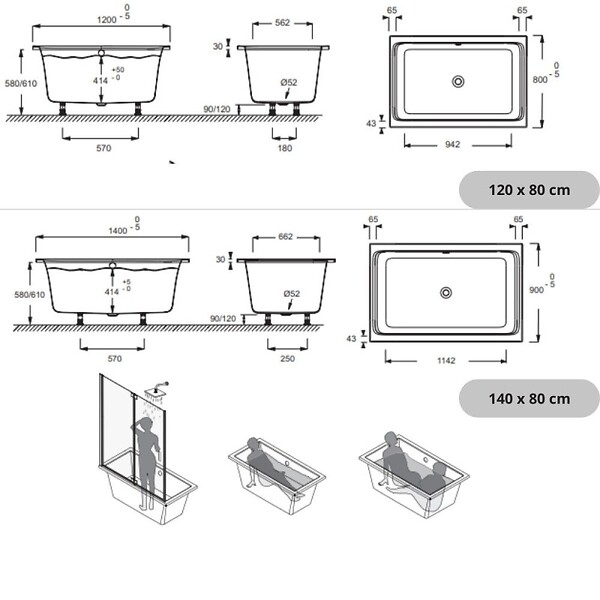 JACOB DELAFON - Baignoire bain douche Capsule, compacte + pare bain en niche 120 x 80 cm - large