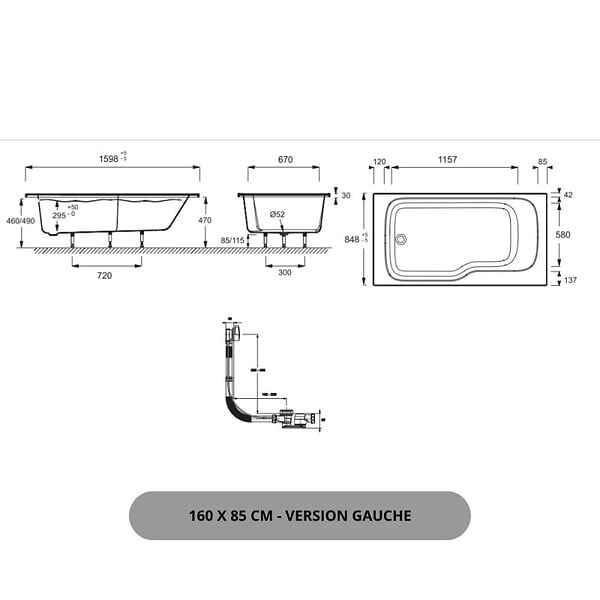 JACOB DELAFON - Baignoire bain douche Malice + nettoyant 160 x 85, version gauche - large