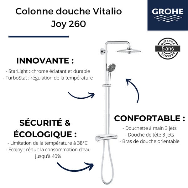 GROHE - Colonne de douche thermostatique Vitalio Joy 260 avec nettoyant robinetterie GrohClean - large