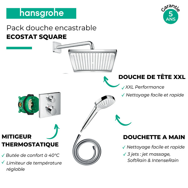 HANSGROHE - Pack douche de tête et douchette Crometta E Hansgrohe - Avec mitigeur thermostatique - large