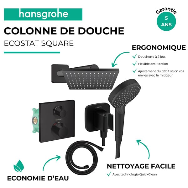 HANSGROHE - Colonne douche thermostatique Ecostat Square Douche de tête Vernis Flexible Isiflex Douchette Vernis Blend noir - large