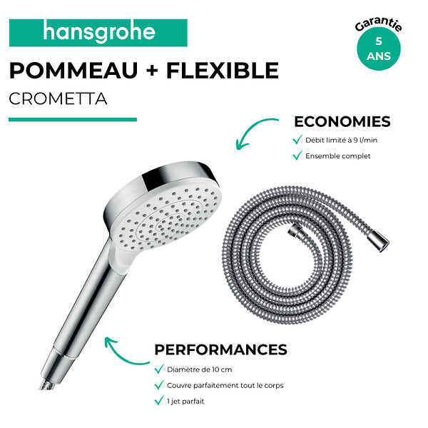 HANSGROHE - Pommeau de douche Crometta + Flexible Metaflex 160 cm chromé - large
