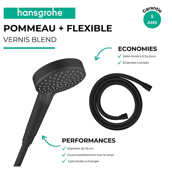 HANSGROHE - Pommeau de douche Vernis Blend + Flexible Isiflex 160 cm noir mat - large