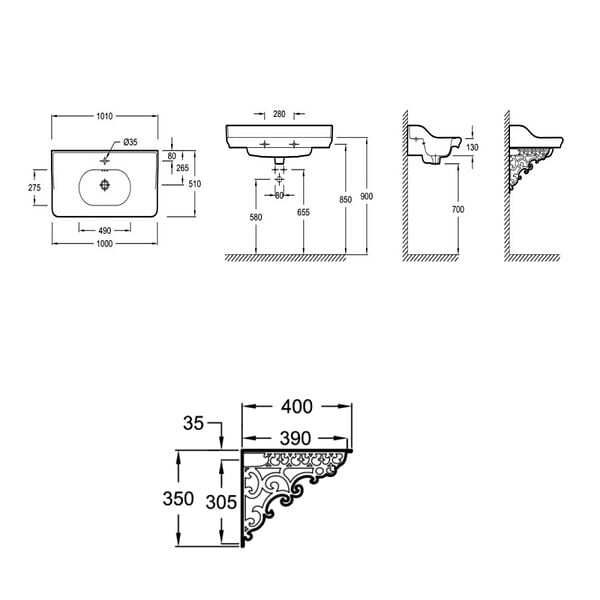 JACOB DELAFON - Pack plan vasque suspendu Cléo 1889 + siphon or - large