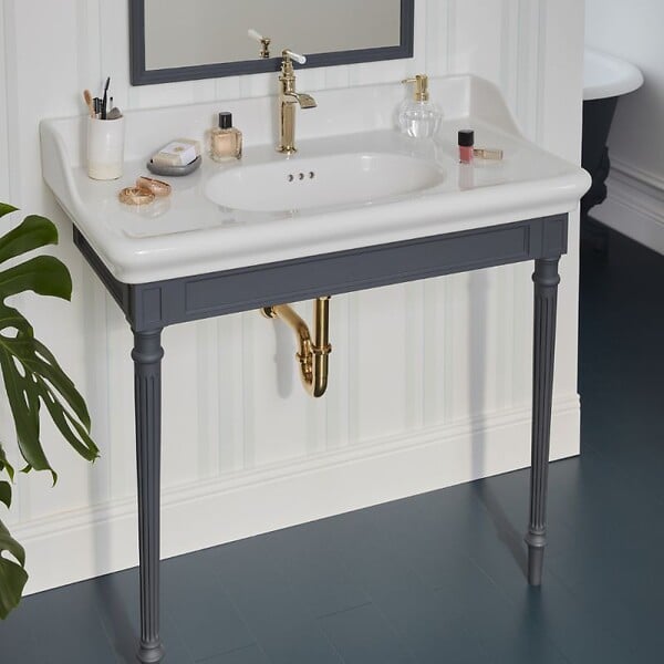 JACOB DELAFON - Console Cléo 1889 avec plan vasque + colonne droite + robinet lavabo or + siphon or - large