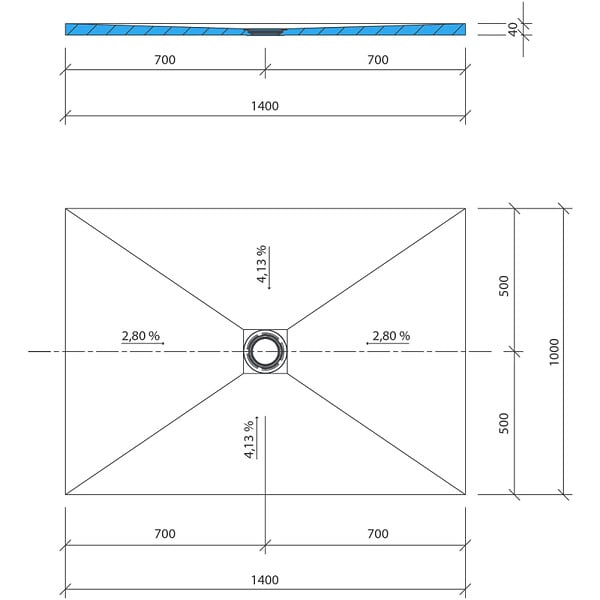 WEDI - Receveur de douche à carreler 140 x 100 Fundo Primo écoulement centré + bonde horizontale + kit d'étanchéité + colle 320 - large