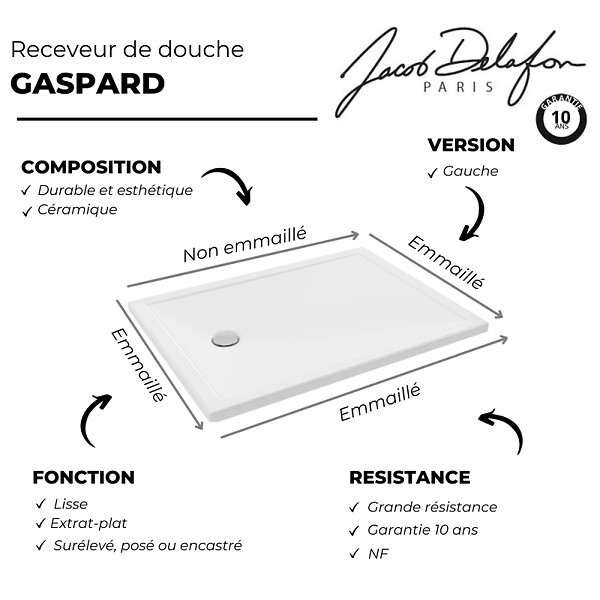 JACOB DELAFON - Receveur de douche 120 x 90 Gaspard bonde à gauche + bonde Gaspard - large