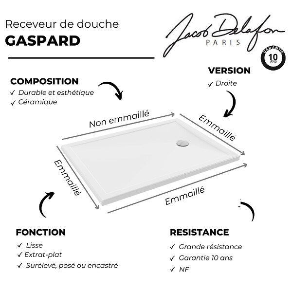 JACOB DELAFON - Receveur de douche 120 x 90 Gaspard bonde à droite + bonde + kit de réhausse - large