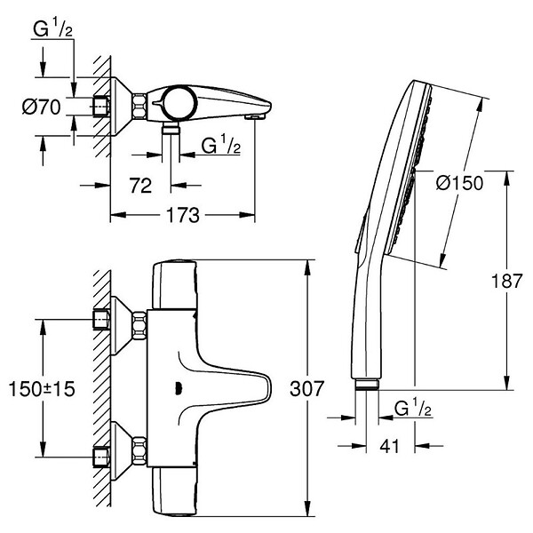 GROHE - Mitigeur bain douche Precision Trend avec douchette 3jets Vitalio Smartactive 150 et flexible 200cm - large