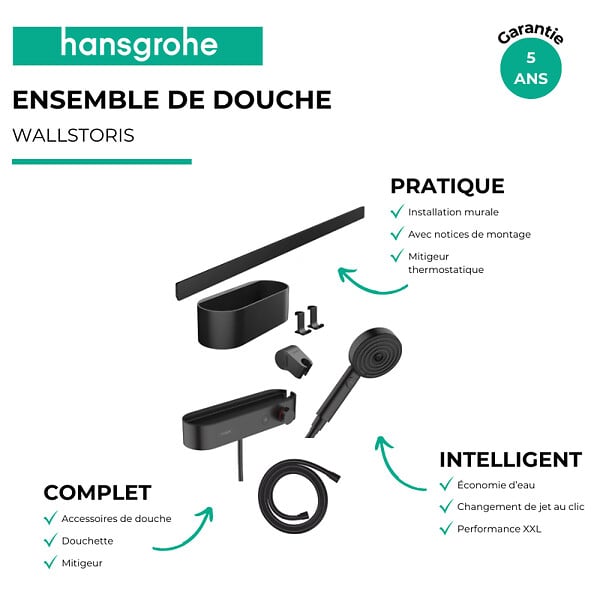 HANSGROHE - Pack mitigeur douche thermostatique encastré WallStoris noir mat avec accessoires - large