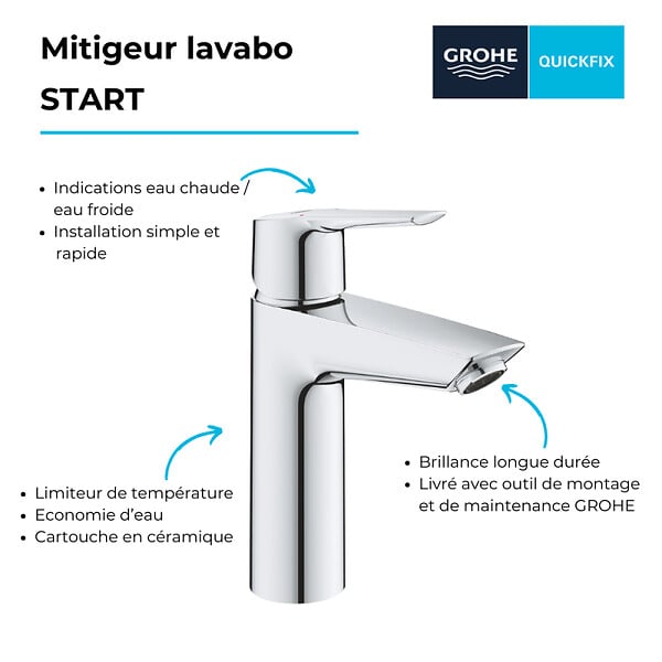 GROHE - Mitigeur lavabo Quickfix Start 2021 avec vidage Push-Open taille M chromé + nettoyant GrohClean - large