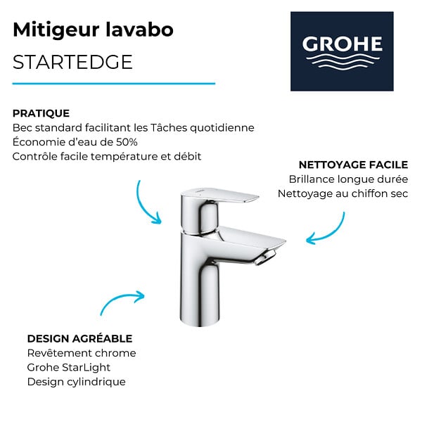 GROHE - Mitigeur lavabo Quickfix Start Edge taille S + nettoyant GrohClean - large