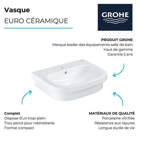 GROHE - Vasque à poser Euro Ceramic 60cm + Mitigeur lavabo M BauLoop Chromé - large