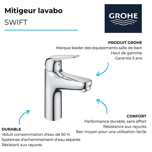 GROHE - Vasque à poser Euro Ceramic 60cm + Mitigeur lavabo M Swift Chromé - large