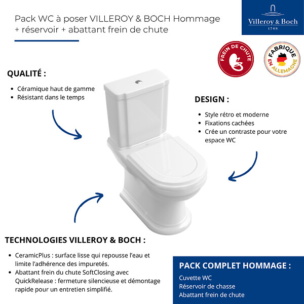 VILLEROY ET BOCH - WC à poser  Hommage + abattant - large