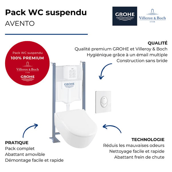 VILLEROY ET BOCH - Pack WC suspendu sans bride  Avento + abattant + plaque + bâti - large