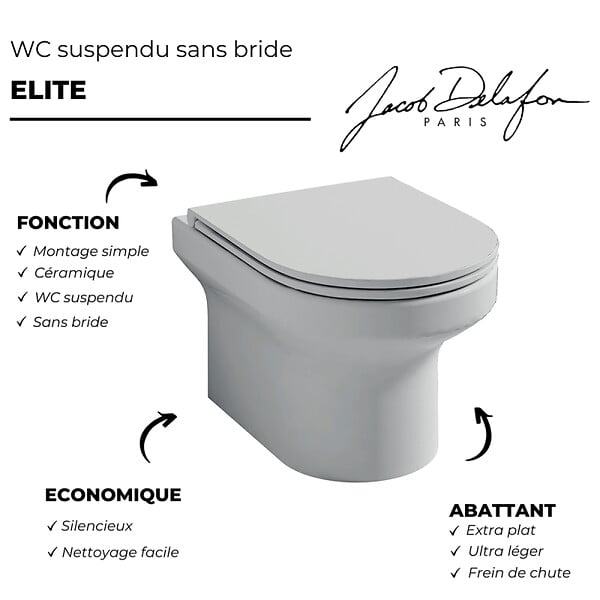 DURAVIT - Pack WC suspendu sans bride Elite + Bâti support RapidSL + plaque blanc + Porte-rouleau carré - large