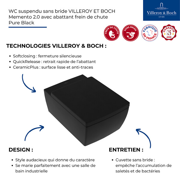 VILLEROY ET BOCH - WC suspendu sans bride  Memento 2.0 avec abattant Pure Black - large
