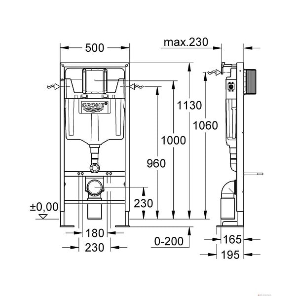 VILLEROY ET BOCH - Pack WC suspendu sans bride  Venticello + abattant + plaque chromée + bâti Grohe - large
