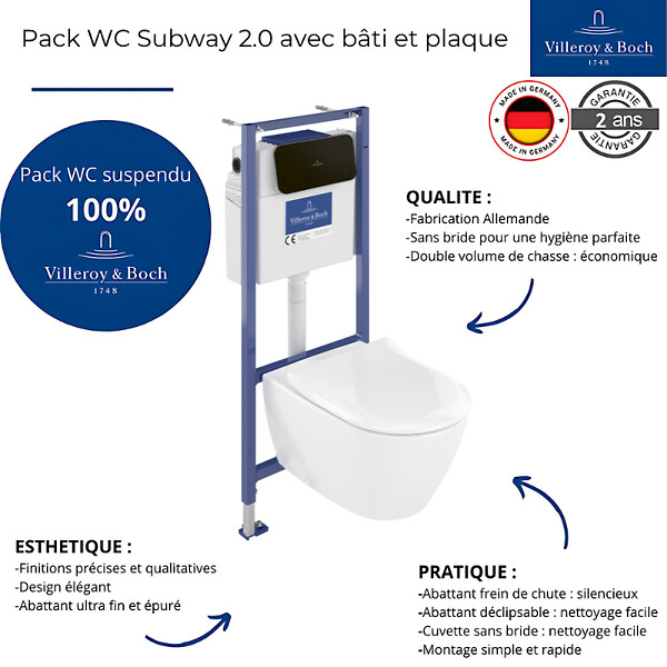 VILLEROY ET BOCH - Pack WC sans bride  Subway 2.0 avec abattant frein de chute + bâti Viconnect PRO + plaque noir mat - large