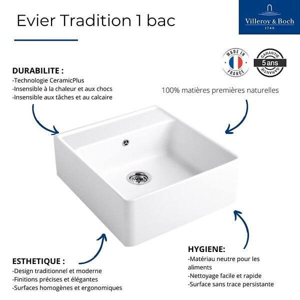VILLEROY ET BOCH - Evier timbre office  Tradition Blanc CeramicPlus avec vidage automatique - large