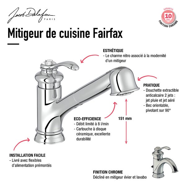 JACOB DELAFON - Evier à encastrer 1 bac Gaspard + robinet cuisine Fairfaix avec douchette - large
