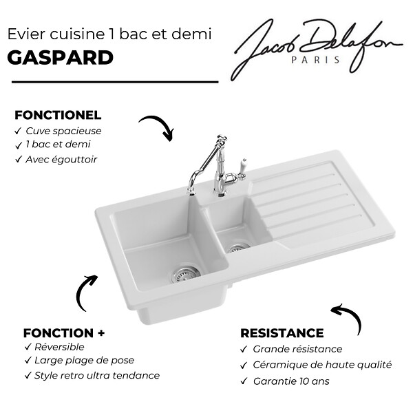 JACOB DELAFON - Evier à encastrer 1 bac et demi Gaspard + robinet de cuisine Louise - large