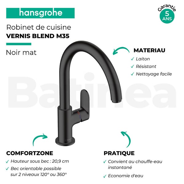 HANSGROHE - Evier 1 bac S21 inox + robinet de cuisine Vernis Blend M35 210 noir mat - large