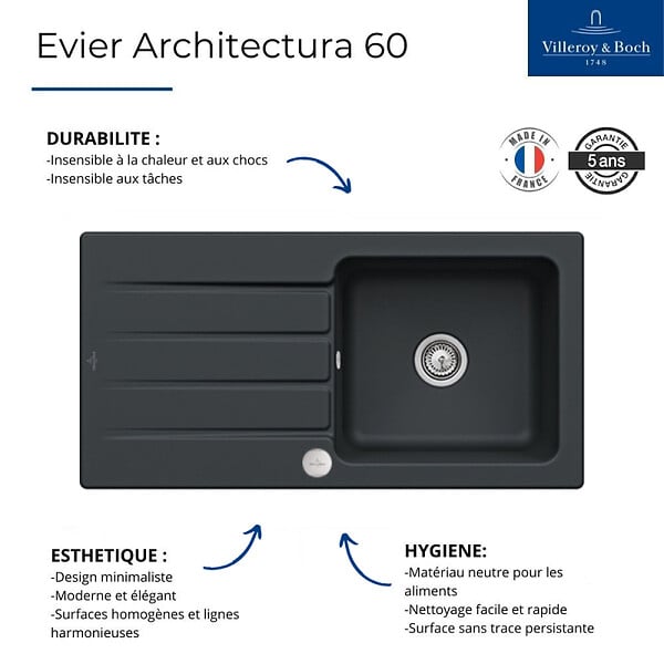 VILLEROY ET BOCH - Evier  Architectura 60 Pure Black avec vidage automatique - large