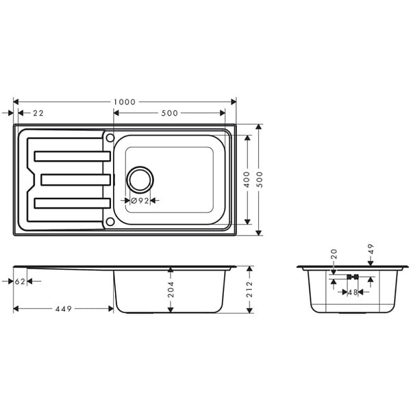 HANSGROHE - Evier 1 cuve avec égoutoir HANSGROHE S44 inox - large