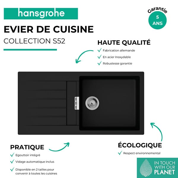 HANSGROHE - Evier 1 cuve avec égouttoir 980 S52 synthèse noir - large