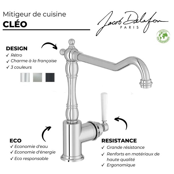 JACOB DELAFON - Mitigeur cuisine bec haut Cleo chrome + Nettoyant Briochin - large