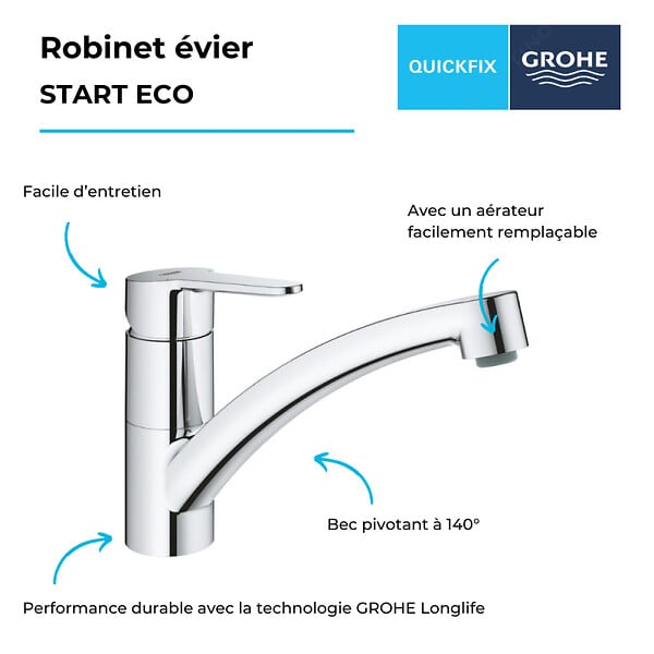 GROHE - Robinet de cuisine bec bas Start Eco Quickfix + microfibre - large