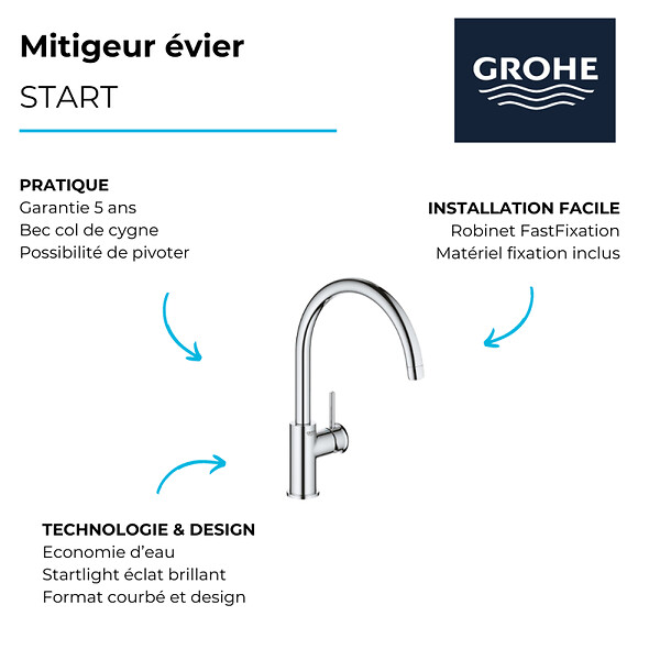 GROHE - Robinet de cuisine Start Classic Quickfix chromé + nettoyant GrohClean - large