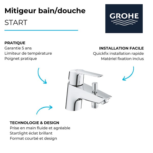 GROHE - Mitigeur bain/douche START GROHE 23229002 monocommande - monotrou - chrome - large