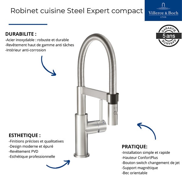 VILLEROY ET BOCH - Robinet cuisine  Steel expert compact acier massif + nettoyant - large