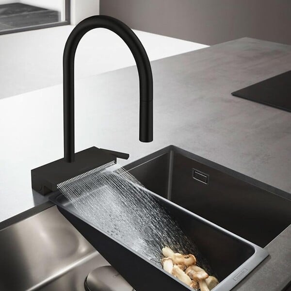 HANSGROHE - Robinet de cuisine avec douchette Aquno Select M81 170 sBox 3 jets noir mat + nettoyant Briochin - large