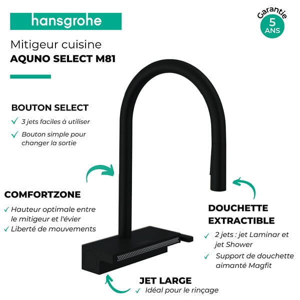 HANSGROHE - Robinet de cuisine avec douchette Aquno Select M81 170 3 jets noir mat - large