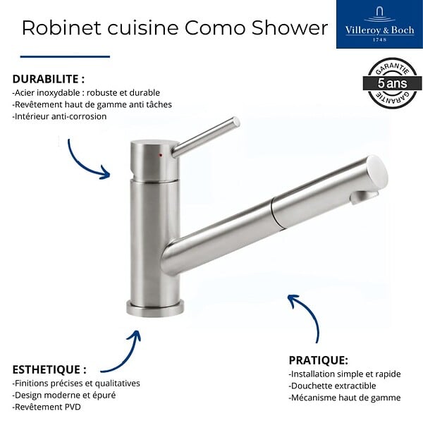VILLEROY ET BOCH - Robinet cuisine rabattable  Como Shower window Inox + nettoyant - large